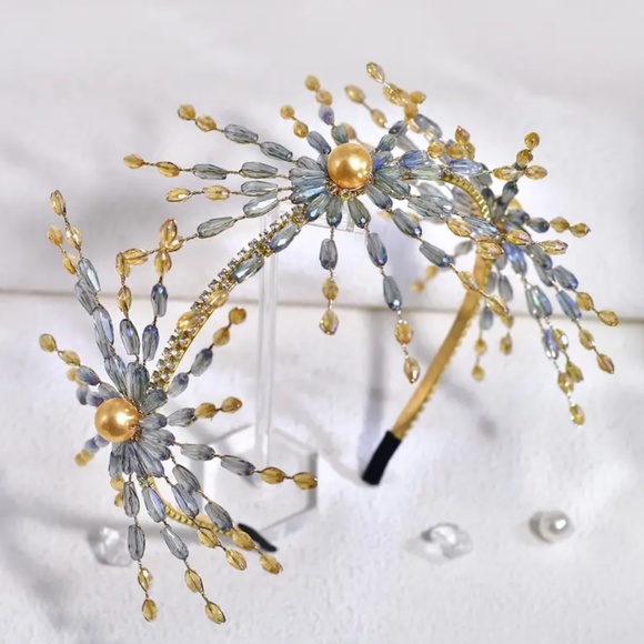 Blue and Gold Floral Beaded Headband - Picture 2 of 6